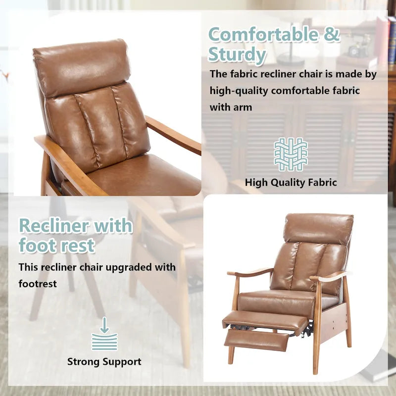 Adjustable Recliner Chair with Footrest - Wood Frame - High-Density Foam - Mid-Century Modern - 250 lbs - Linen/Leather/Microsuede