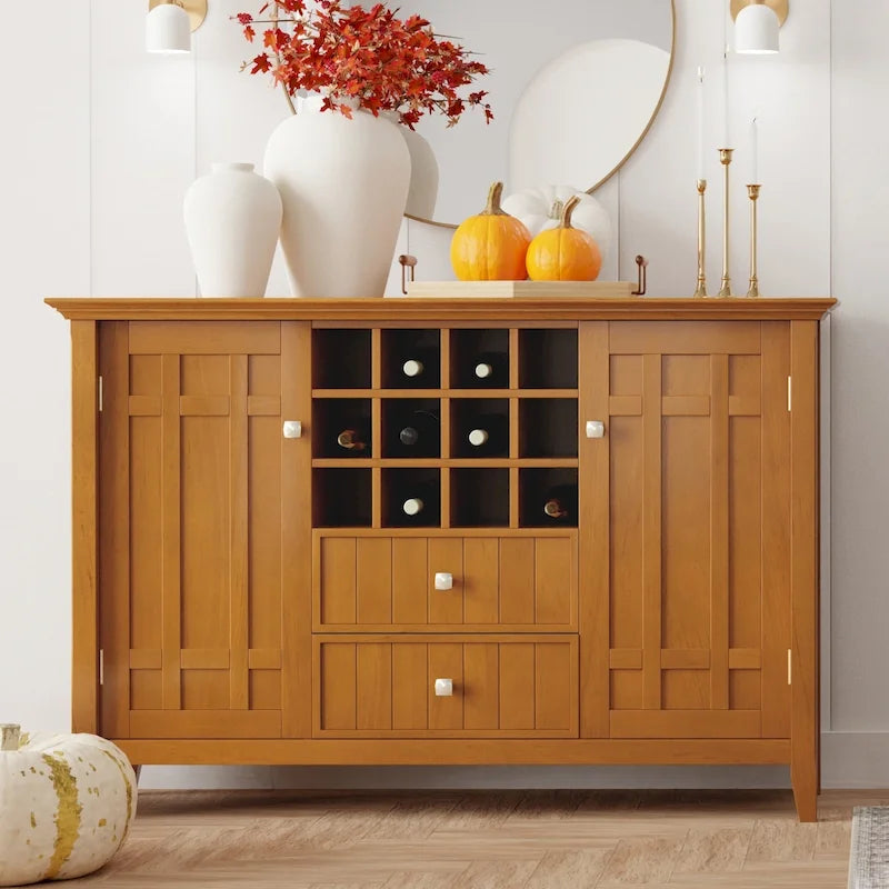 54" Sideboard Buffet with Wine Rack - Solid Wood 54W x 17D x 36H - 12-Bottle Storage - Transitional Style