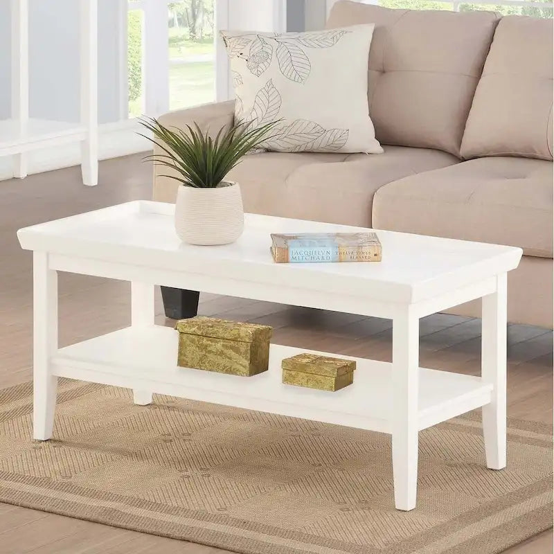 Coffee Table with Shelf 42W x 18D x 20H - Raised Edge Tray Top - Solid Rubberwood - 2-Tier Storage