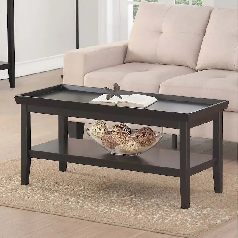 Coffee Table with Shelf 42W x 18D x 20H - Raised Edge Tray Top - Solid Rubberwood - 2-Tier Storage