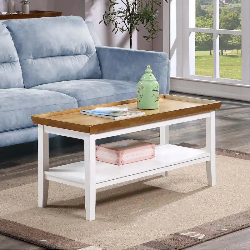 Coffee Table with Shelf 42W x 18D x 20H - Raised Edge Tray Top - Solid Rubberwood - 2-Tier Storage