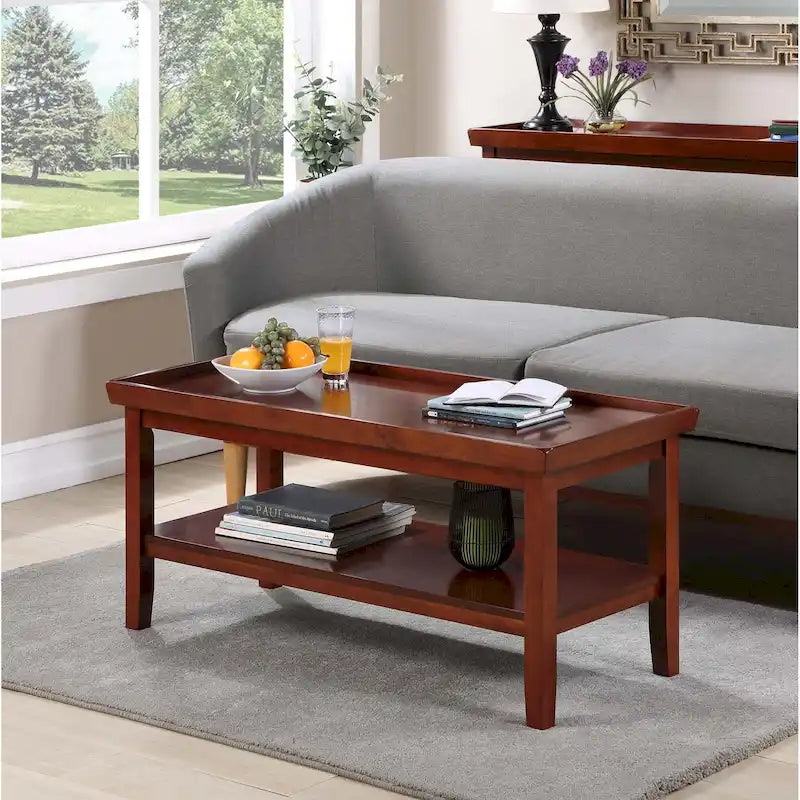 Coffee Table with Shelf 42W x 18D x 20H - Raised Edge Tray Top - Solid Rubberwood - 2-Tier Storage