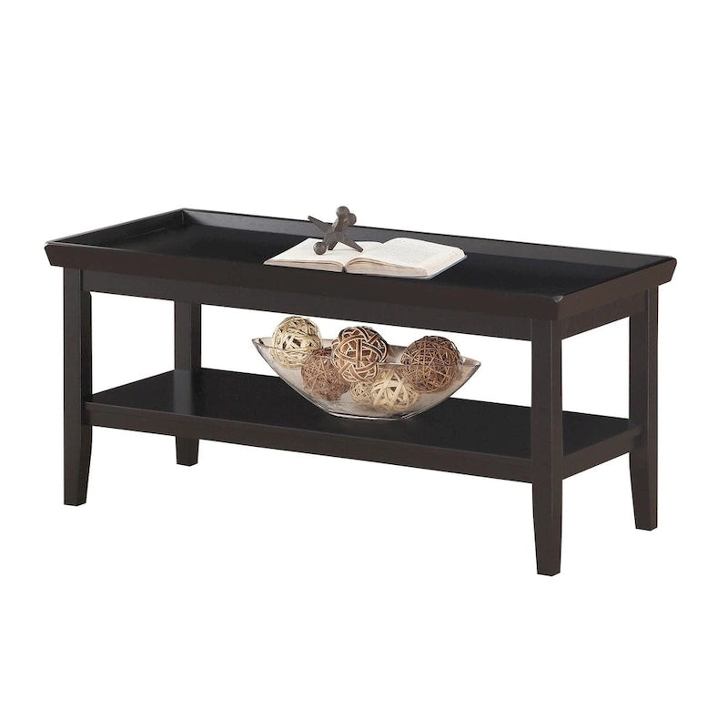 Coffee Table with Shelf 42W x 18D x 20H - Raised Edge Tray Top - Solid Rubberwood - 2-Tier Storage