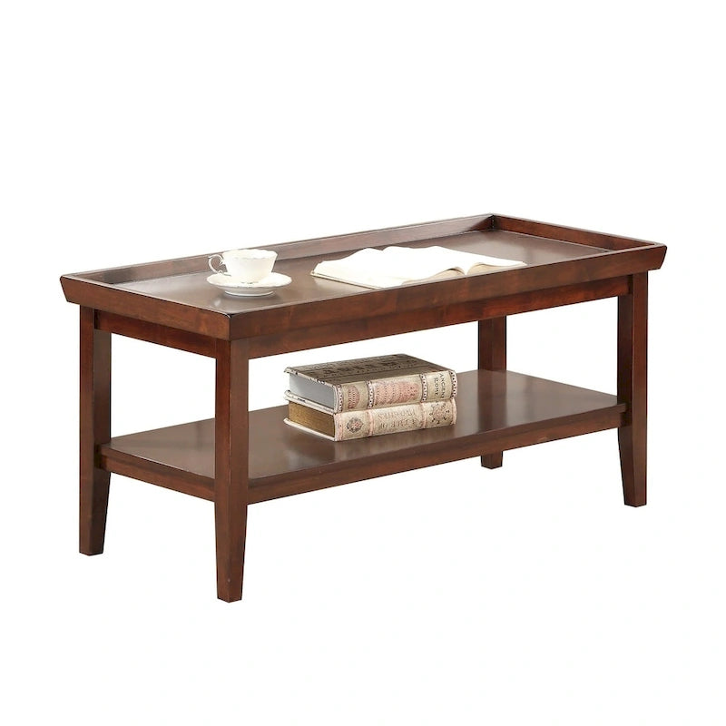 Coffee Table with Shelf 42W x 18D x 20H - Raised Edge Tray Top - Solid Rubberwood - 2-Tier Storage