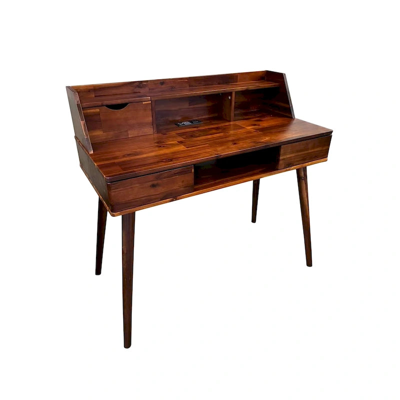 Solid Acacia Wood Desk with Charging Station 110V Outlet 2 USB Ports 2 Drawers 150 lbs Capacity - Mid-Century Home Office