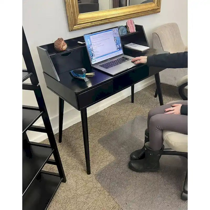 Solid Acacia Wood Desk with Charging Station 110V Outlet 2 USB Ports 2 Drawers 150 lbs Capacity - Mid-Century Home Office