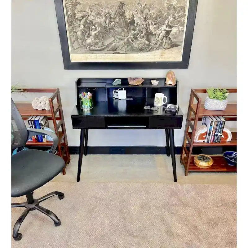 Solid Acacia Wood Desk with Charging Station 110V Outlet 2 USB Ports 2 Drawers 150 lbs Capacity - Mid-Century Home Office