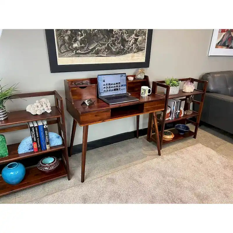 Solid Acacia Wood Desk with Charging Station 110V Outlet 2 USB Ports 2 Drawers 150 lbs Capacity - Mid-Century Home Office