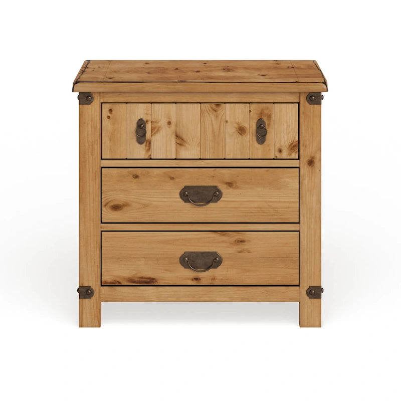 3-Drawer Nightstand with USB & Power Outlets, Weathered Elm Wood, Country Cottage Style, 29.25"W x 28.13"H Bedroom Furniture