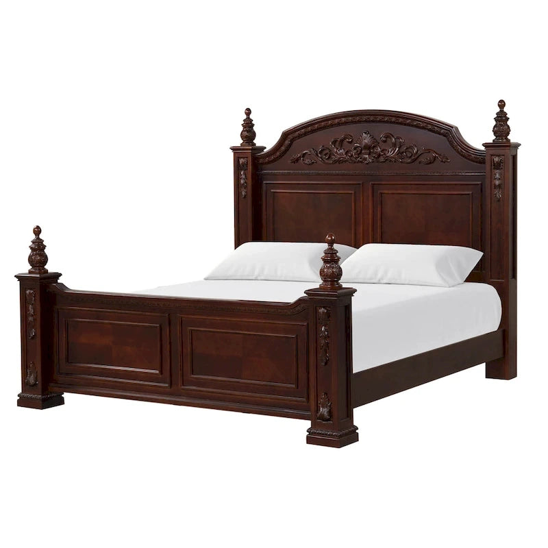 King Size Poster Bed - 70" High Posts - Deep Cherry Finish - Carved Accents - Headboard & Footboard - Traditional Four Poster