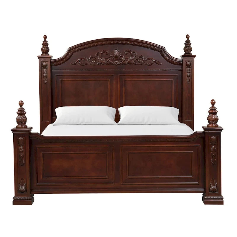 King Size Poster Bed - 70" High Posts - Deep Cherry Finish - Carved Accents - Headboard & Footboard - Traditional Four Poster