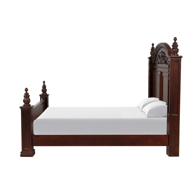 King Size Poster Bed - 70" High Posts - Deep Cherry Finish - Carved Accents - Headboard & Footboard - Traditional Four Poster