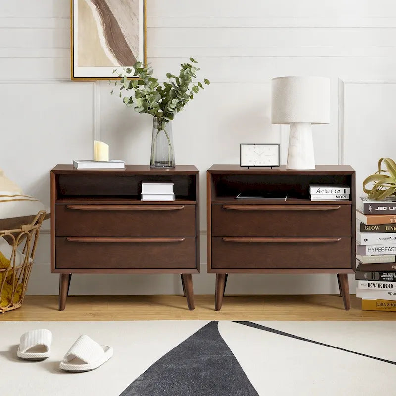 Mid-Century Modern Nightstand Set of 2 - 2 Drawers with Built-In Outlets & USB - 28W x 15.75D x 26H - Charging Station