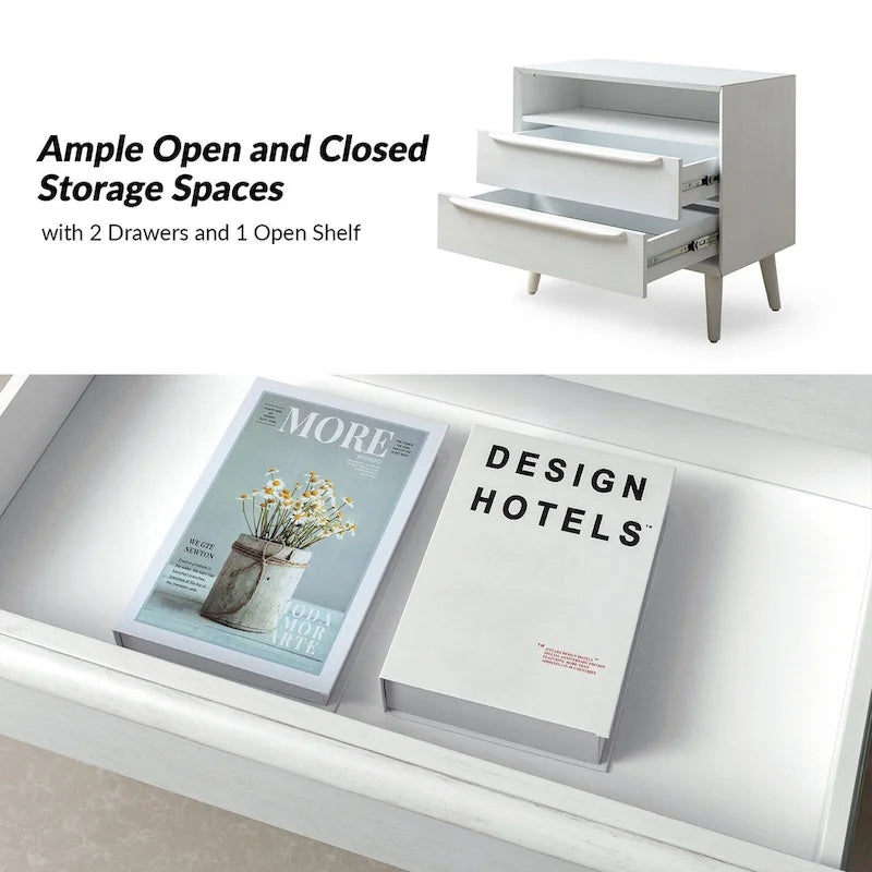 Mid-Century Modern Nightstand Set of 2 - 2 Drawers with Built-In Outlets & USB - 28W x 15.75D x 26H - Charging Station