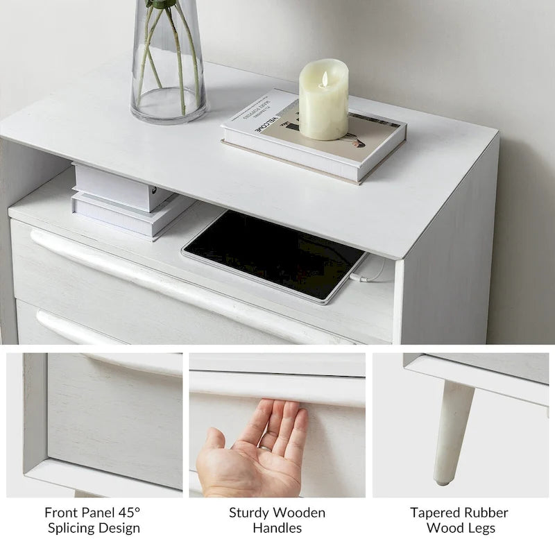 Mid-Century Modern Nightstand Set of 2 - 2 Drawers with Built-In Outlets & USB - 28W x 15.75D x 26H - Charging Station