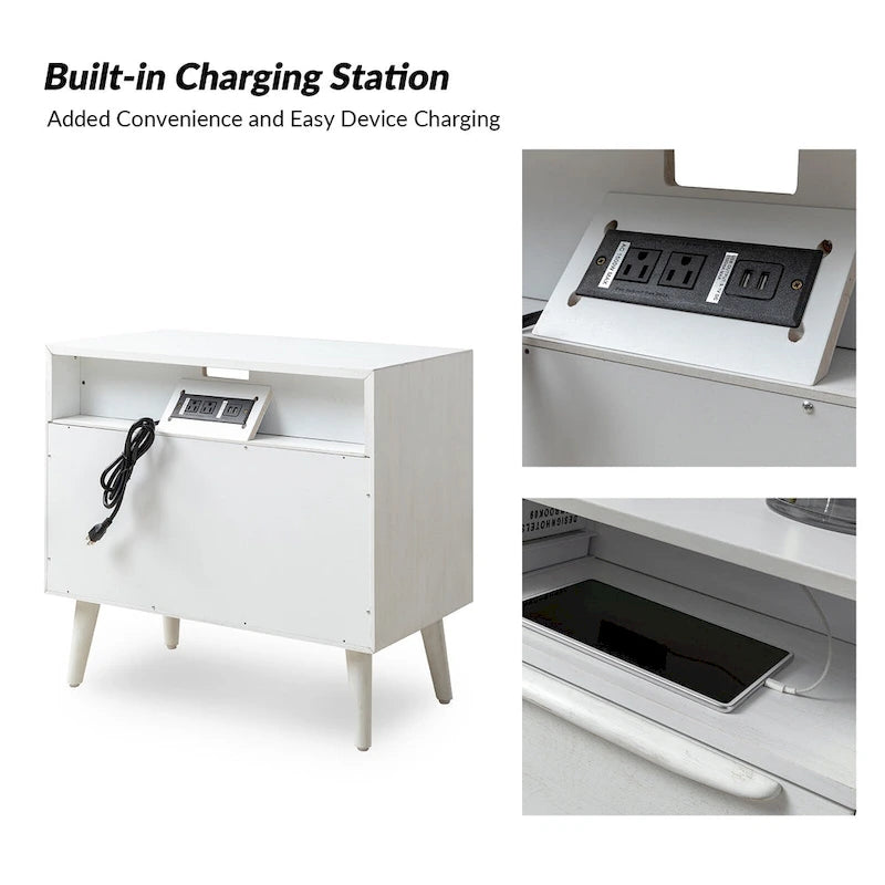 Mid-Century Modern Nightstand Set of 2 - 2 Drawers with Built-In Outlets & USB - 28W x 15.75D x 26H - Charging Station