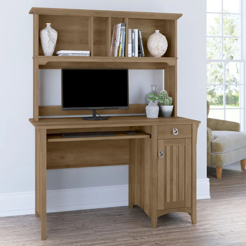 48" Small Computer Desk with Storage Hutch, Pullout Keyboard Tray, Wire Management, Mission Style, 150lbs Capacity