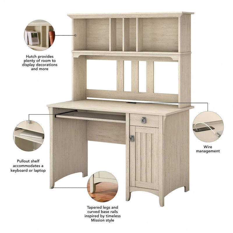 48" Small Computer Desk with Storage Hutch, Pullout Keyboard Tray, Wire Management, Mission Style, 150lbs Capacity