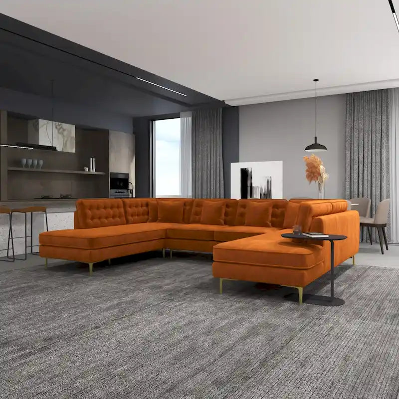 U-Shaped Velvet Sectional Sofa - Mid-Century Modern Corner Couch - Dark Green with Gold Legs - Modular Chaise & Seater