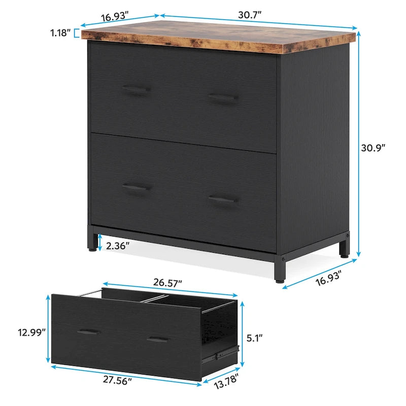 2-Drawer Lateral File Cabinet, Wood & Steel Frame, Full Extension Drawers, 220lbs Capacity, Home Office Storage Furniture