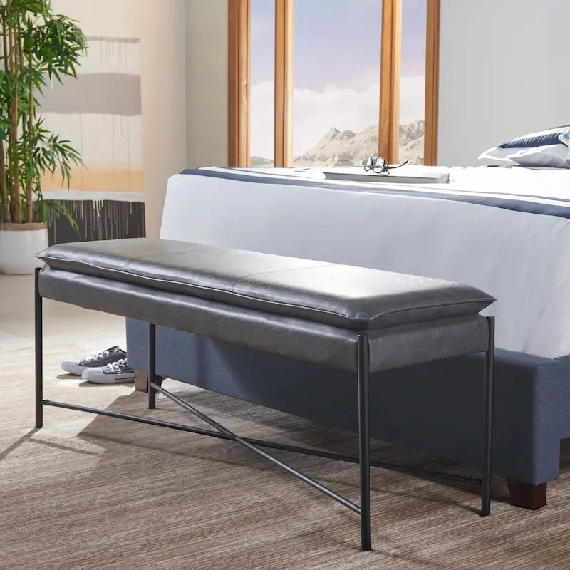 Cushioned X-Bench 50W x 14D x 19H - Modern Upholstered Bench with Leather Cushion - Minimalist Entryway Seating