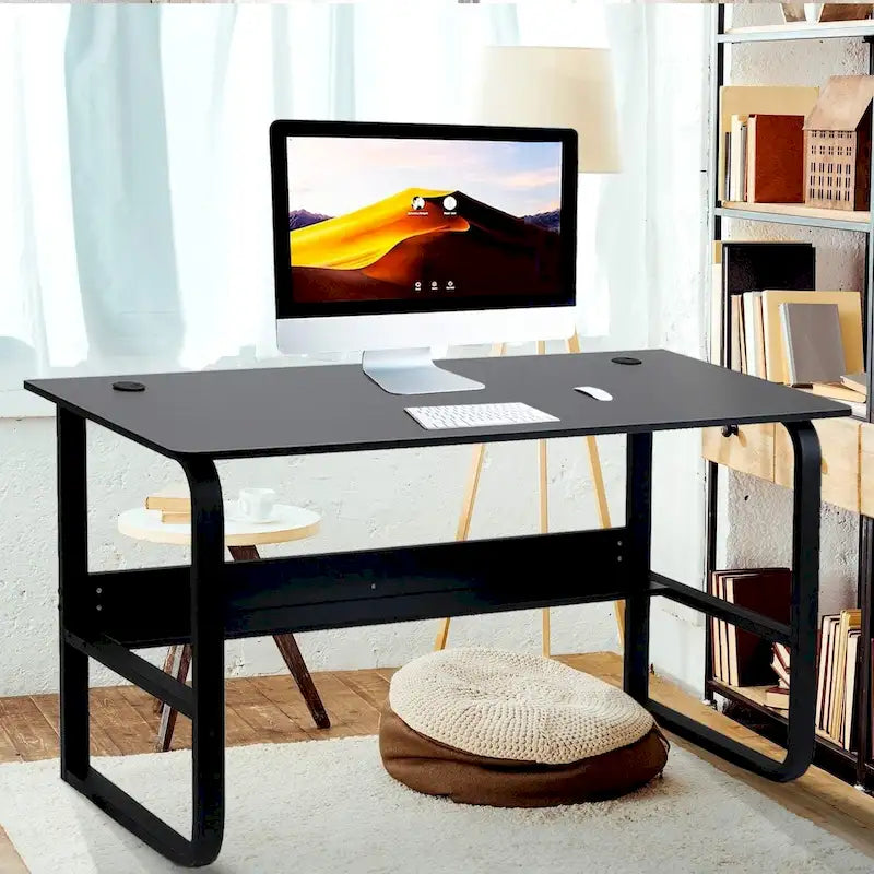 55" Computer Desk with Storage Shelves Black Metal Frame Glossy Wood Top Home Office Workstation - Modern Study Table