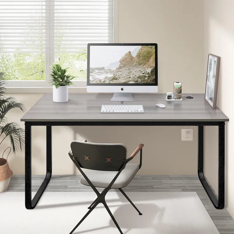 55" Computer Desk with Storage Shelves Black Metal Frame Glossy Wood Top Home Office Workstation - Modern Study Table