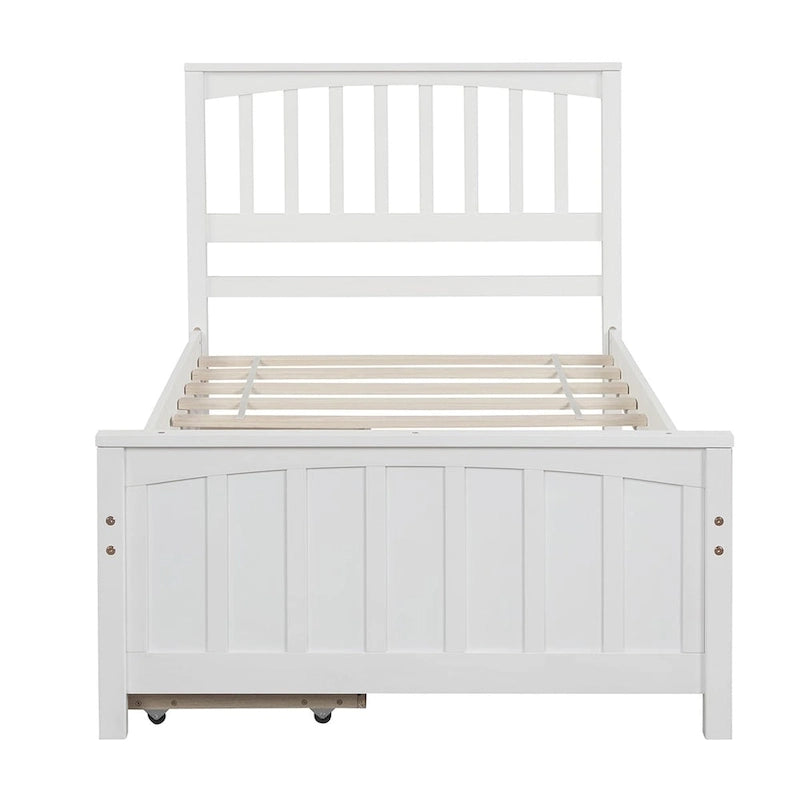 Twin Platform Bed with Trundle - Solid Pine Wood Frame with Storage - No Box Spring Required - 79.5L x 41.7W x 37.5H