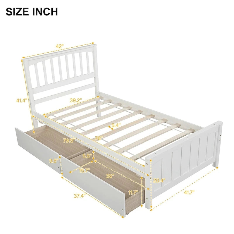Twin Platform Bed with Trundle - Solid Pine Wood Frame with Storage - No Box Spring Required - 79.5L x 41.7W x 37.5H
