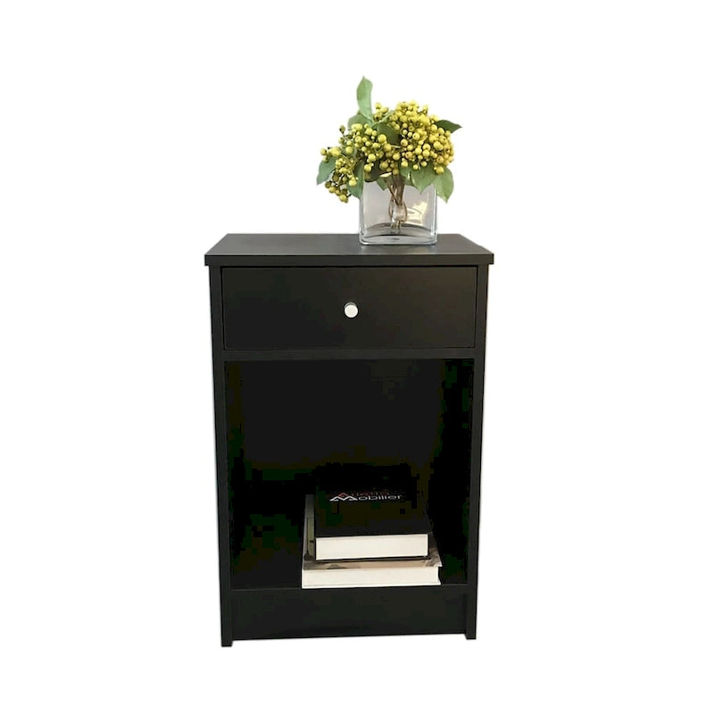 Black Nightstand with Drawer - Modern Bedside Table with Round Handle - 15.75W x 11.81D x 23.62H - Density Board