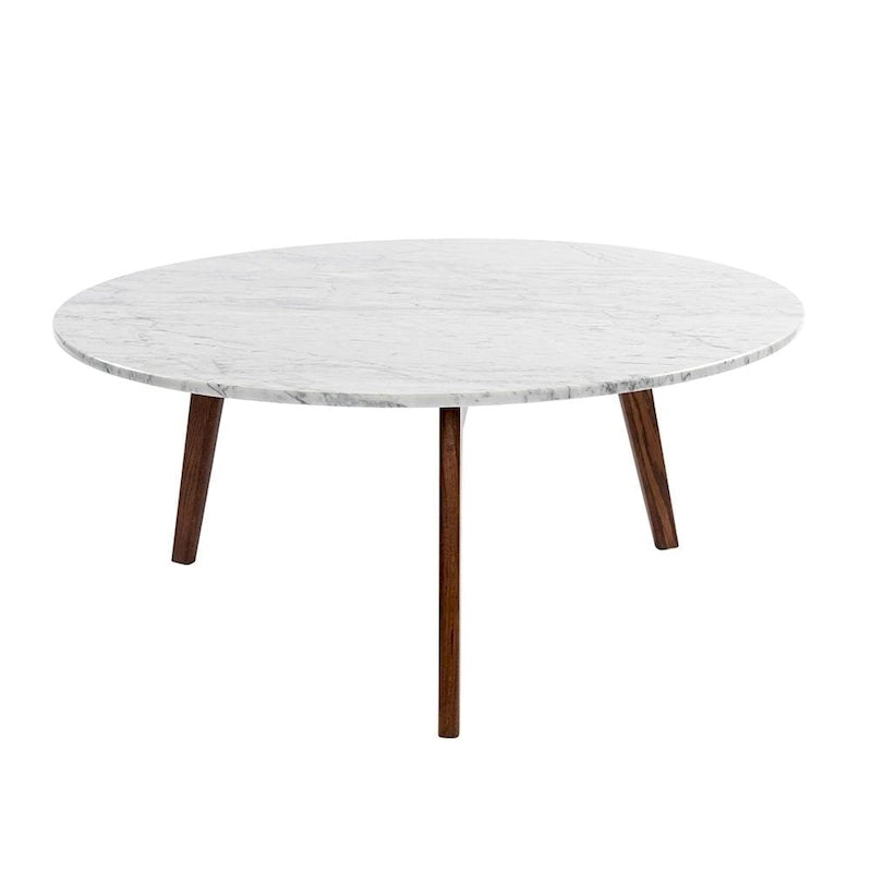 Round Marble Coffee Table 31.5" Diameter - Italian Carrara Marble Top - Walnut Wood Legs - Mid-Century Modern