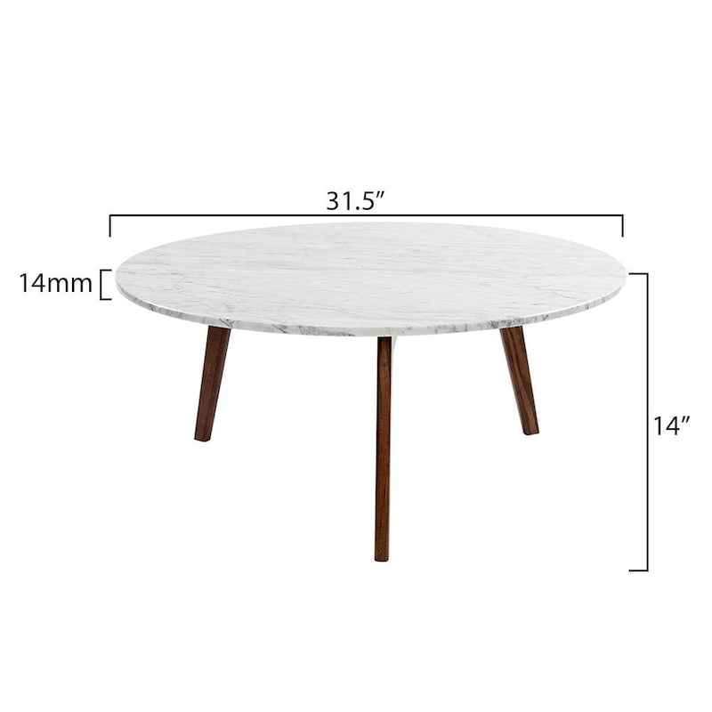 Round Marble Coffee Table 31.5" Diameter - Italian Carrara Marble Top - Walnut Wood Legs - Mid-Century Modern