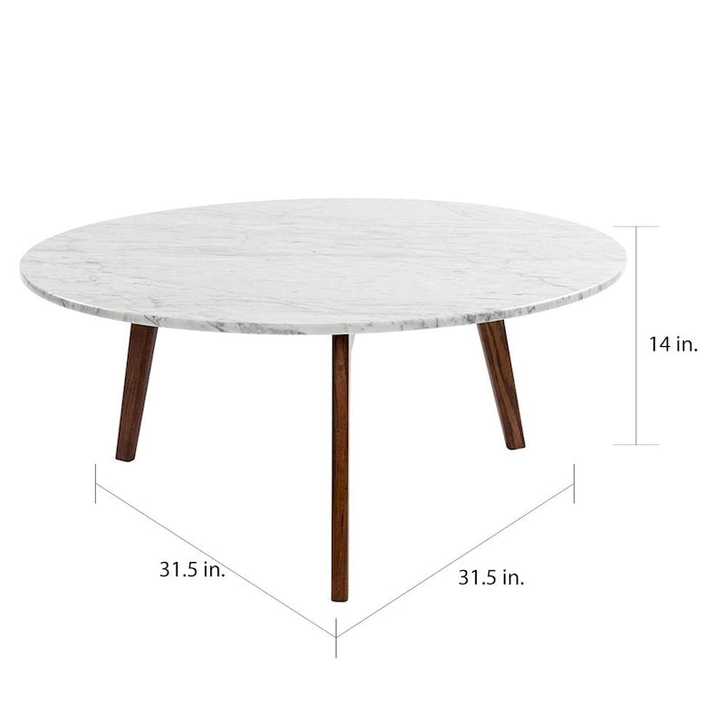 Round Marble Coffee Table 31.5" Diameter - Italian Carrara Marble Top - Walnut Wood Legs - Mid-Century Modern