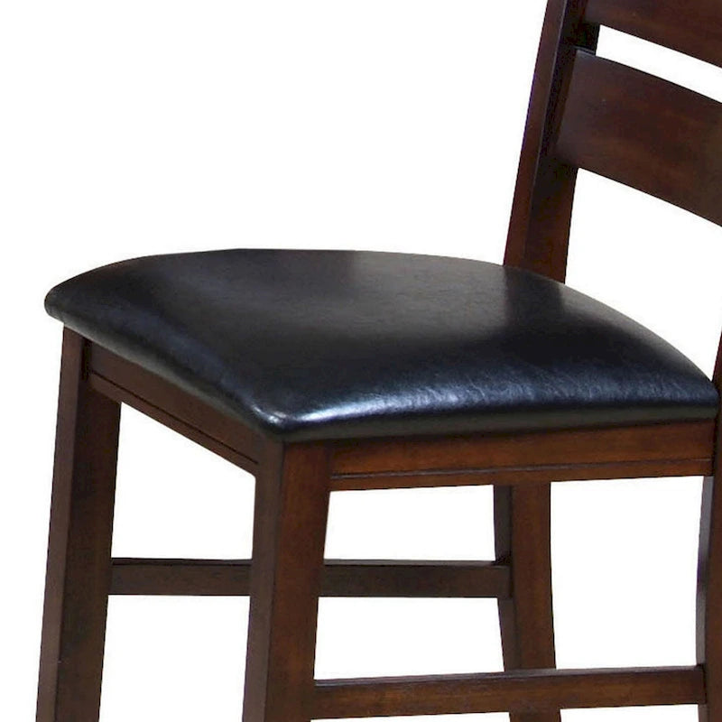 Wooden Dining Chairs Set of 2 - Ladder Back with Black Leatherette Cushioned Seats - Brown Wood Frame