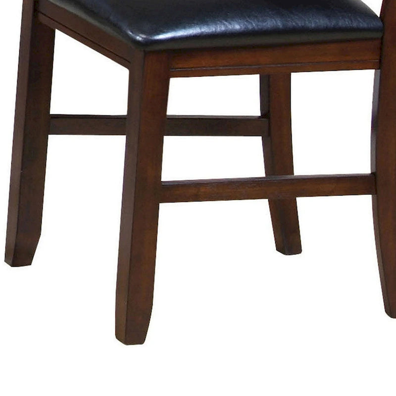 Wooden Dining Chairs Set of 2 - Ladder Back with Black Leatherette Cushioned Seats - Brown Wood Frame