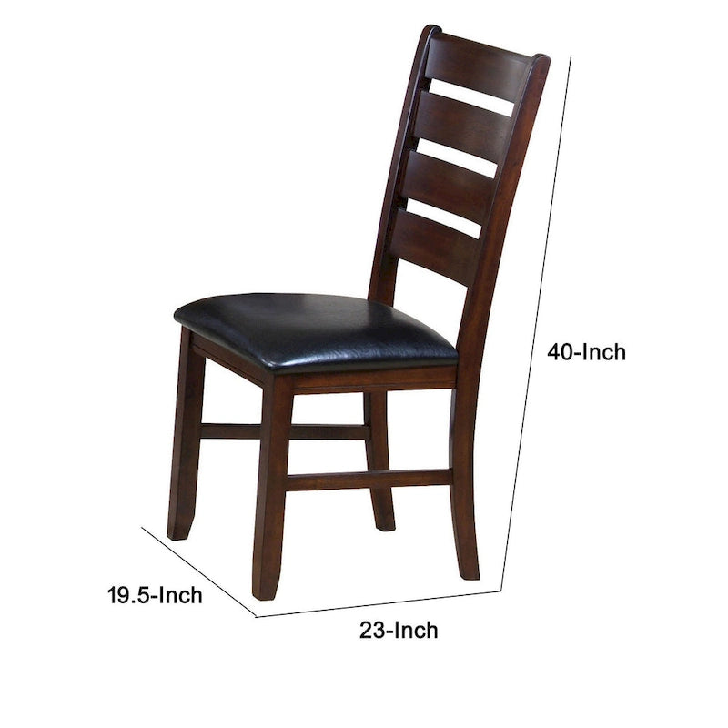 Wooden Dining Chairs Set of 2 - Ladder Back with Black Leatherette Cushioned Seats - Brown Wood Frame