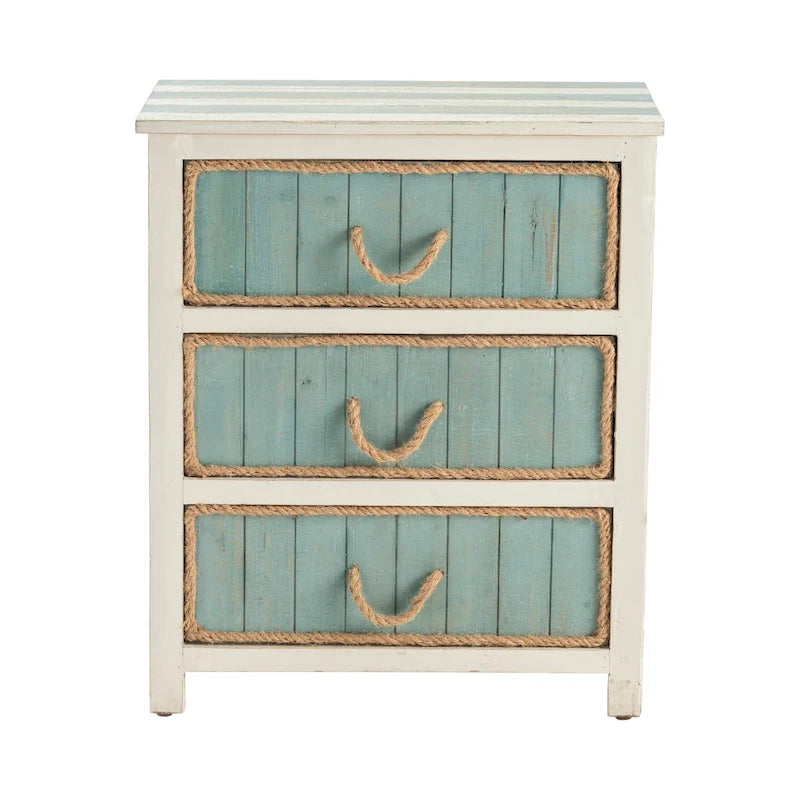 Coastal 3-Drawer Accent Chest 24W x 13D x 28H - Blue & White Distressed Fir Wood - Rope Drawer Pulls