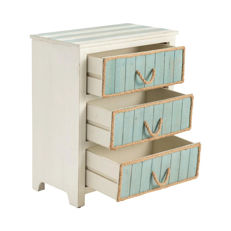 Coastal 3-Drawer Accent Chest 24W x 13D x 28H - Blue & White Distressed Fir Wood - Rope Drawer Pulls
