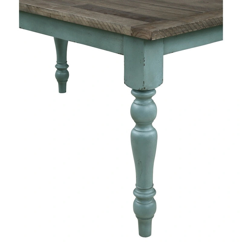 Two-Tone Wood Dining Bench 52W x 15D x 18H - Solid Rubberwood - Antique Blue & Brown - Turned Legs