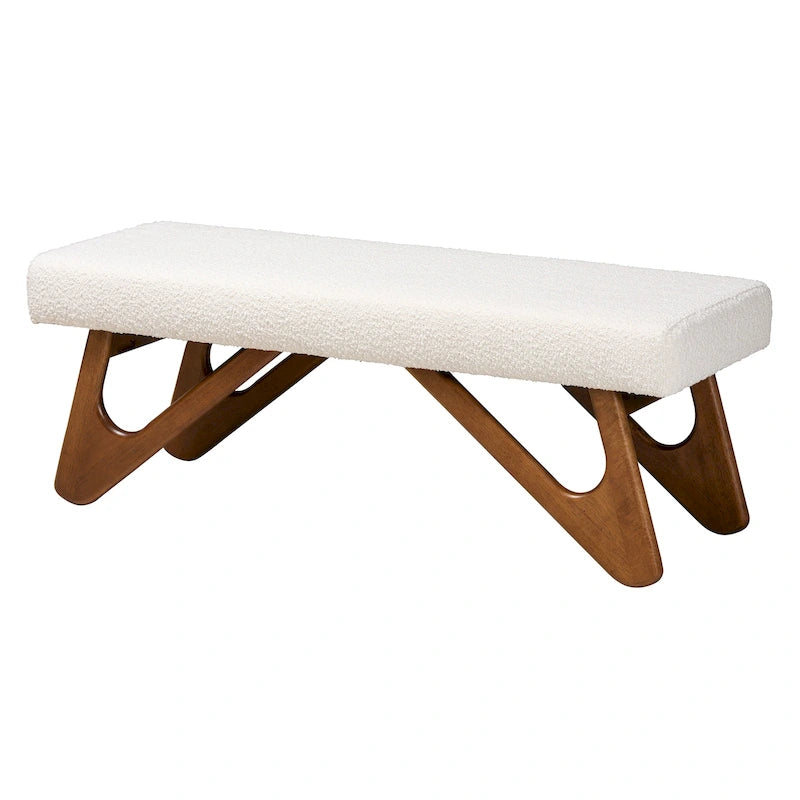 Japandi Style Upholstered Bench, Boucle Fabric, Boomerang Legs, Walnut Brown Wood, 48.6"W, Entryway/Dining/Bedroom