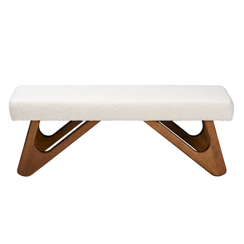 Japandi Style Upholstered Bench, Boucle Fabric, Boomerang Legs, Walnut Brown Wood, 48.6"W, Entryway/Dining/Bedroom
