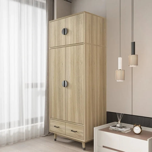 4-Door 2-Drawer Wooden Wardrobe with Hanging Rod - Spacious Bedroom Storage Armoire - Classic Design