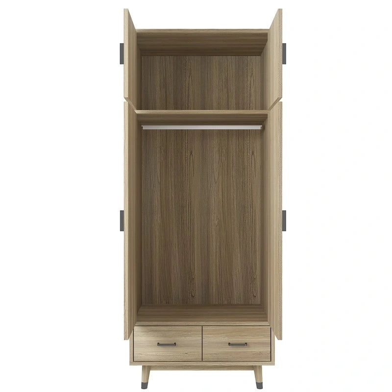 4-Door 2-Drawer Wooden Wardrobe with Hanging Rod - Spacious Bedroom Storage Armoire - Classic Design