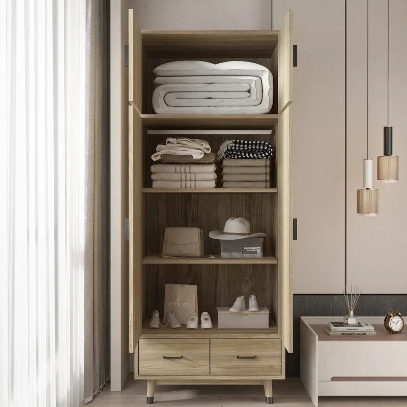 4-Door 2-Drawer Wooden Wardrobe with Hanging Rod - Spacious Bedroom Storage Armoire - Classic Design