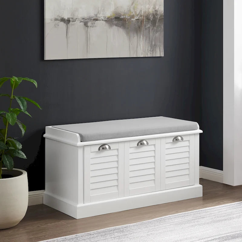 Entryway Storage Bench - White Finish - Cushioned Seat - Large Drawer - Metal Glides - Coastal Farmhouse Style - Shoe Rack Bench