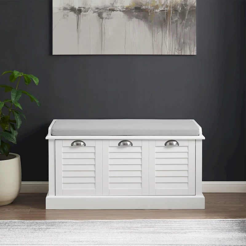 Entryway Storage Bench - White Finish - Cushioned Seat - Large Drawer - Metal Glides - Coastal Farmhouse Style - Shoe Rack Bench