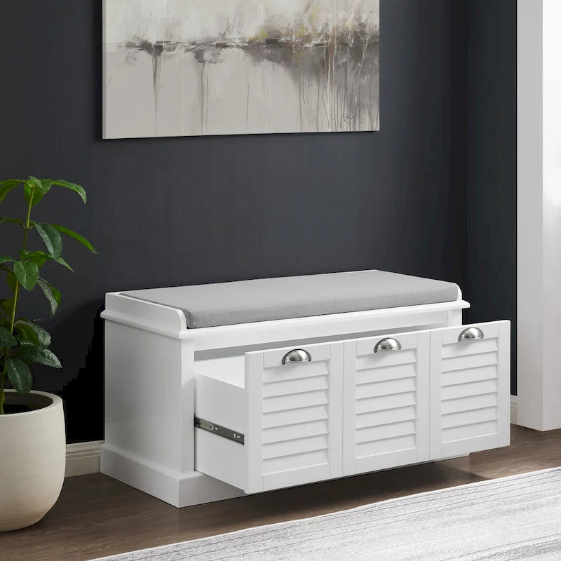Entryway Storage Bench - White Finish - Cushioned Seat - Large Drawer - Metal Glides - Coastal Farmhouse Style - Shoe Rack Bench