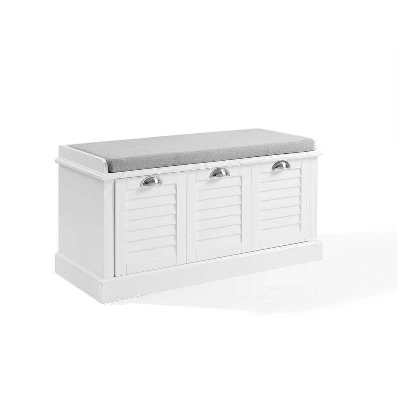 Entryway Storage Bench - White Finish - Cushioned Seat - Large Drawer - Metal Glides - Coastal Farmhouse Style - Shoe Rack Bench