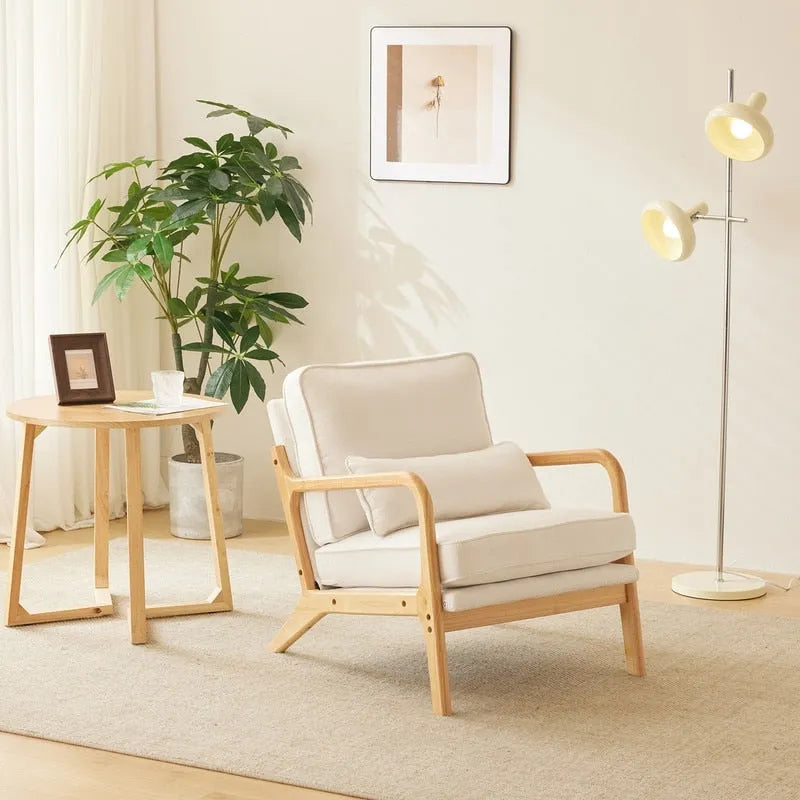 Mid-Century Accent Chair Linen Upholstered Solid Wood Armrests 330 lbs Capacity Lounge Chair with Pillow - Beige Off-White