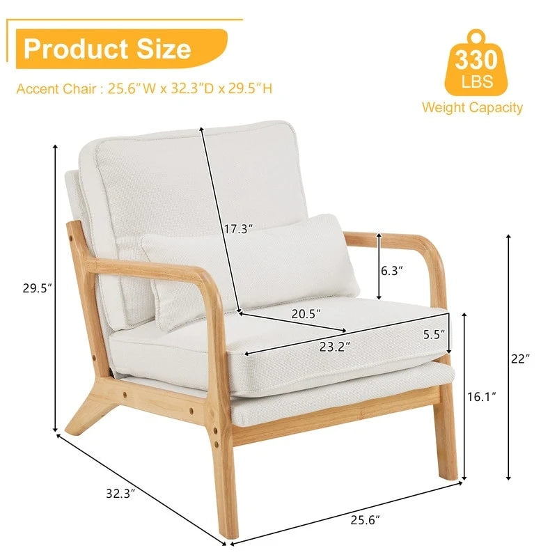 Mid-Century Accent Chair Linen Upholstered Solid Wood Armrests 330 lbs Capacity Lounge Chair with Pillow - Beige Off-White